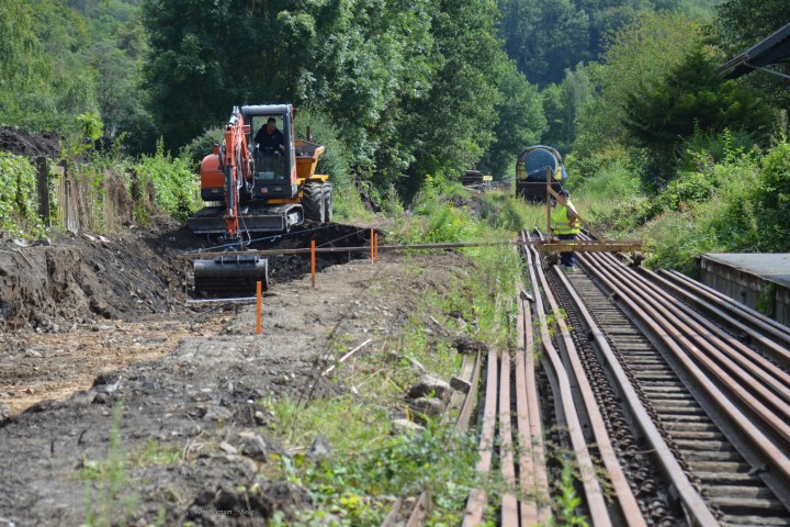 a group of people traveling on a train track with trees in the background
