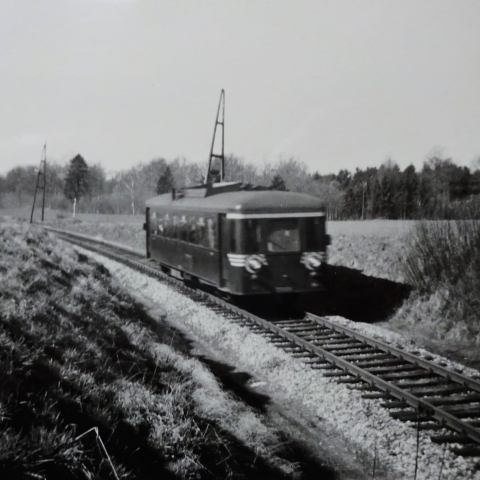 a train traveling down train tracks near a forest