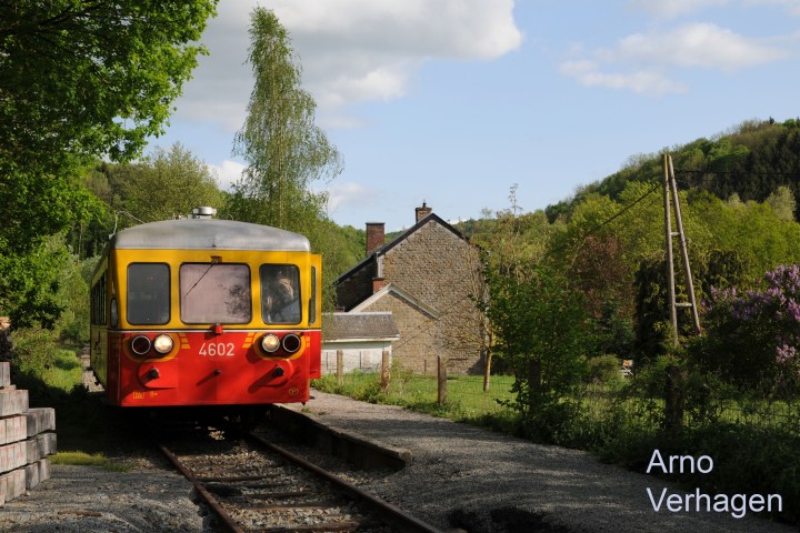 a train traveling down train tracks near a forest