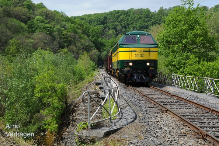 a train traveling down train tracks near a forest
