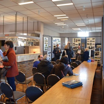 a group of people standing in a room