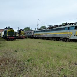 a train that is on top of a grass covered field
