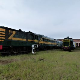 a train traveling down train tracks near a field