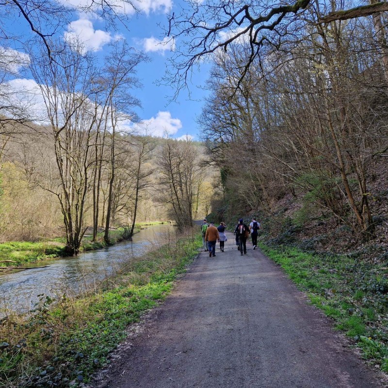 a group of people walking down a dirt road