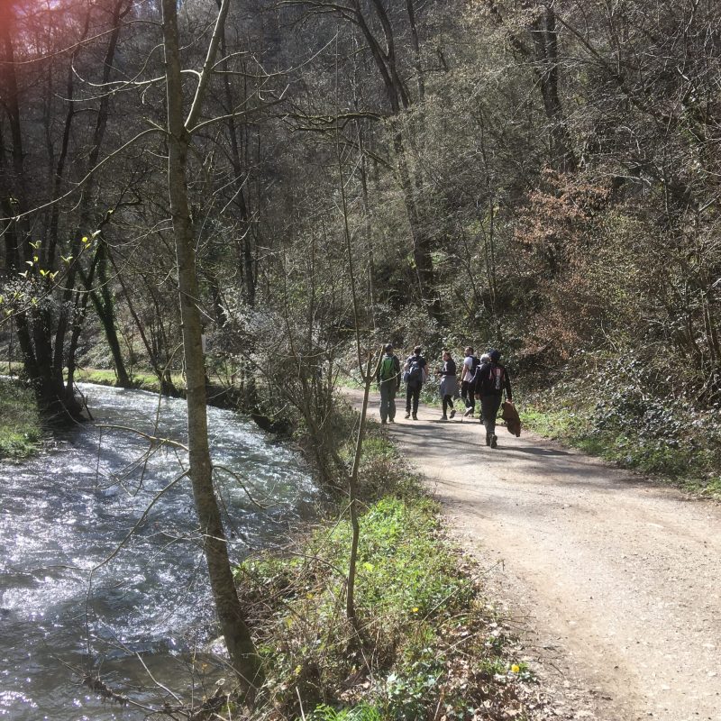 a group of people walking down a dirt road