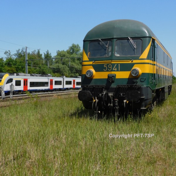 a train traveling through a lush green field