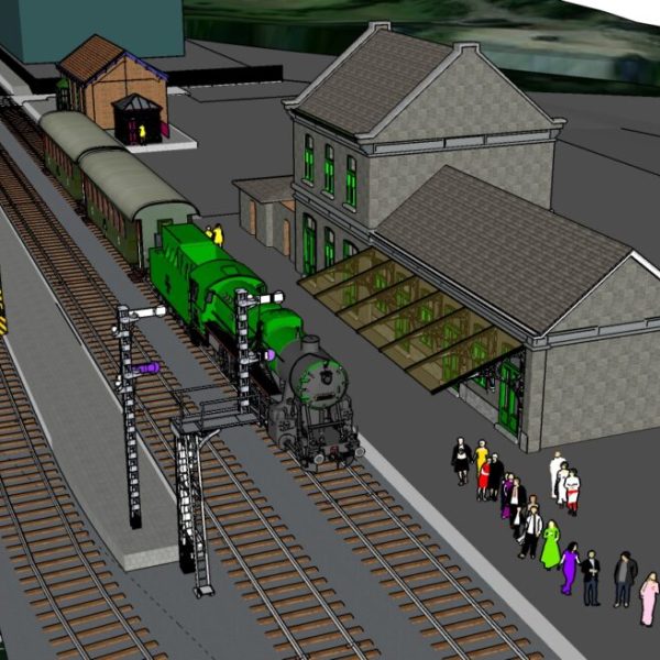 3D model of a train station with trains, tracks, and people on the platform.