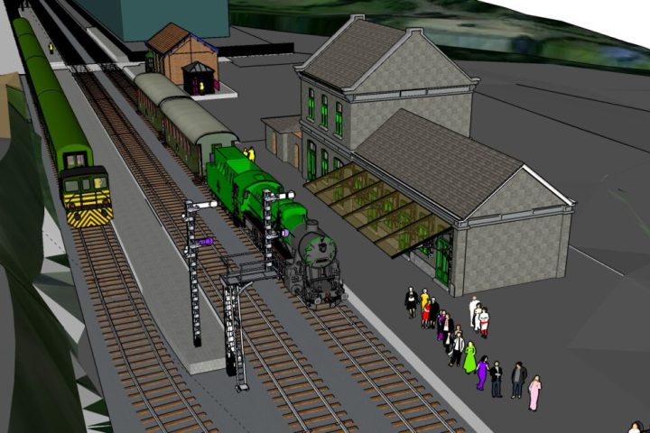 3D model of a train station with trains, tracks, and people on the platform.