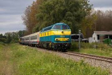 a train traveling down train tracks near a forest