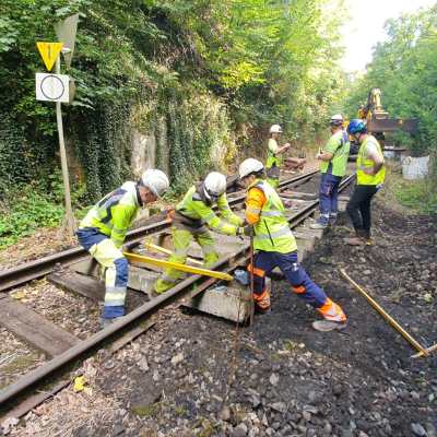 Workers in safety gear repairing train tracks in a forested area with construction equipment nearby.