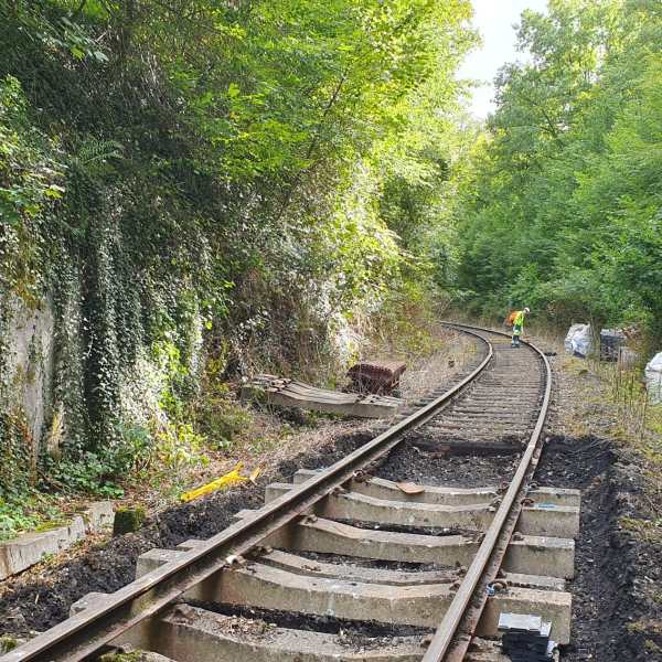 Railway track under construction, surrounded by lush greenery and a worker in the distance.