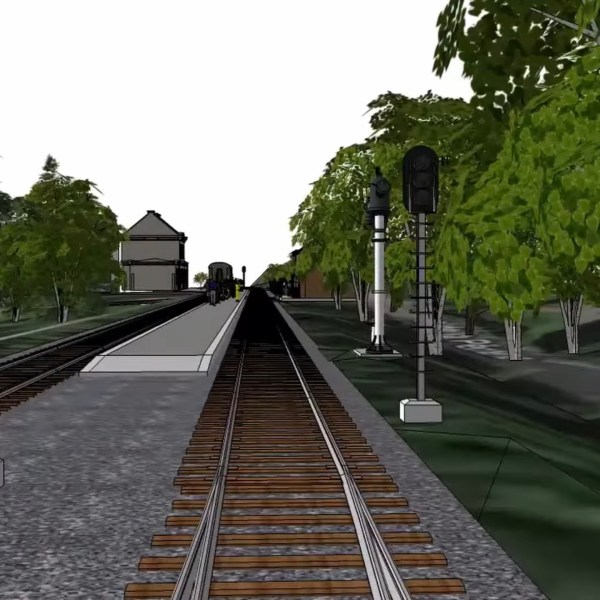 3D-rendered train station with tracks, signals, and trees.