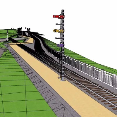 3D model of a railway line with signals, green hills, and a platform.