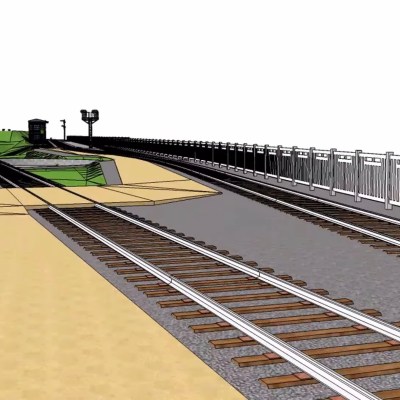 3D rendering of a railway crossing with tracks, signals, and fencing on a clear day.