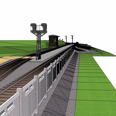 Illustration of a railway track with fences, signal lights, and green grass on a clear day.