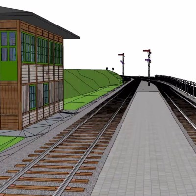 3D illustration of a railway signal box beside train tracks with signals and fencing.