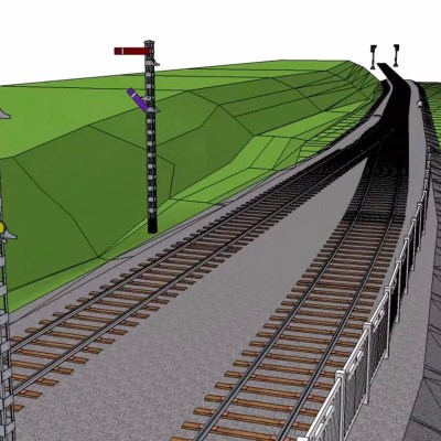 Illustration of a railway track with semaphore signals on a hilly landscape.
