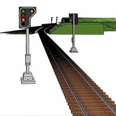 Illustrated railway track with signals and a green railcar in the distance.