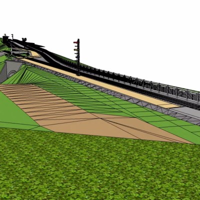 3D model of a landscape with a road, bridge, and traffic lights on green terrain.