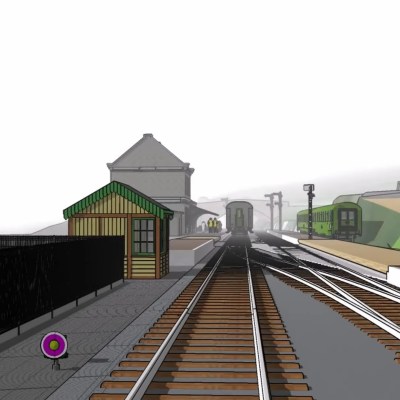 Illustration of a railway station with tracks, platforms, and a signal post.