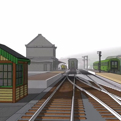 Illustrated train tracks at a station with buildings and green train cars.