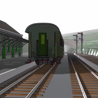 Illustration of a train station with a train on tracks and two people on the platform.