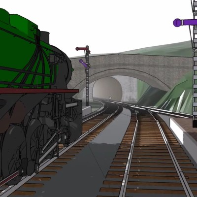 Illustration of a green train approaching a tunnel on railway tracks.