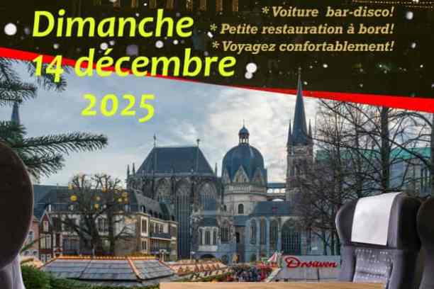 Christmas train poster with schedule from Mons to Aachen market, December 14, 2025; festive travel details included.