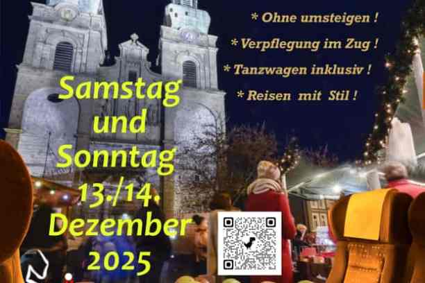 Poster for Christmas train from Aachen to Eupen market on December 13-14, 2025 with schedule and details.