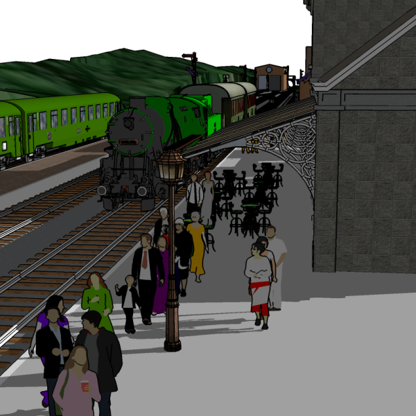 Illustration of a green train at a platform with people walking and a building on the right.