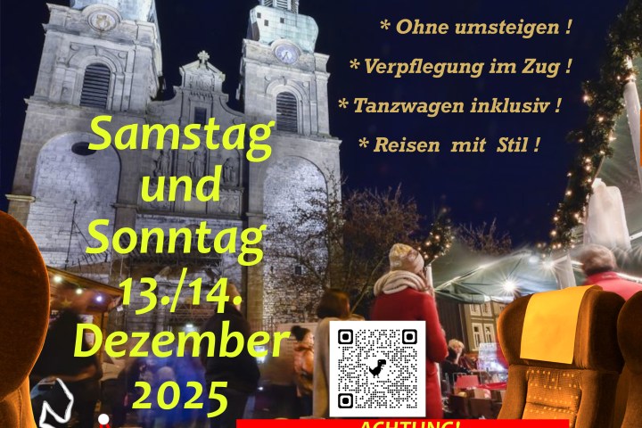 Poster for a Christmas train from Aachen to EUPENER Christmas Market on December 13-14, 2025.