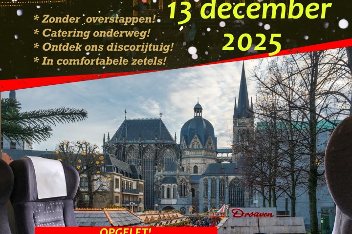 Poster for a Christmas train from Antwerp to Aachen on December 13, 2025, featuring a festive market scene.