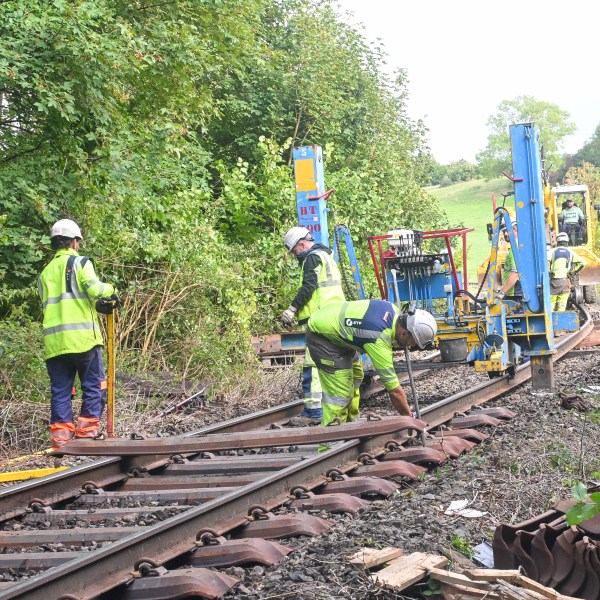 Workers in safety gear maintaining railway tracks near lush greenery.