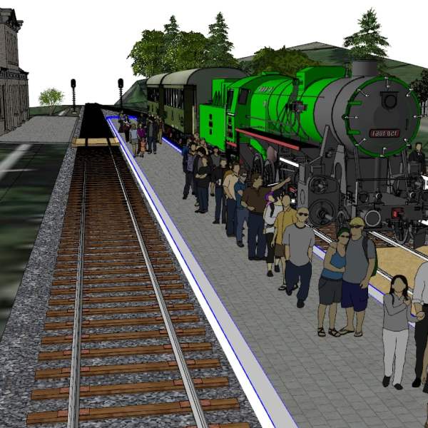Crowd at station with green steam train and surrounding buildings.
