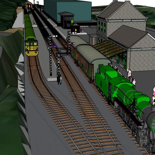 Illustration of a railway station with green trains, tracks, and a few people on the platform.