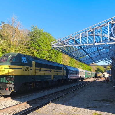 Vintage train at a station under a metal canopy with green surroundings.
