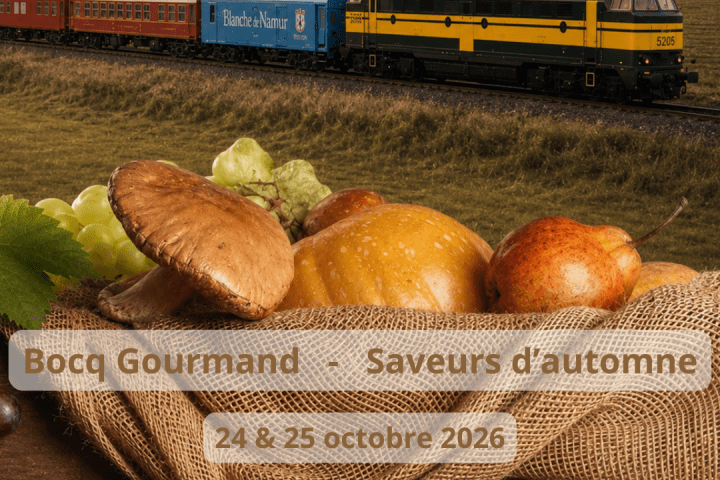 Train passes through countryside with mushrooms in foreground, text for Bocq Gourmand event, October 2026.