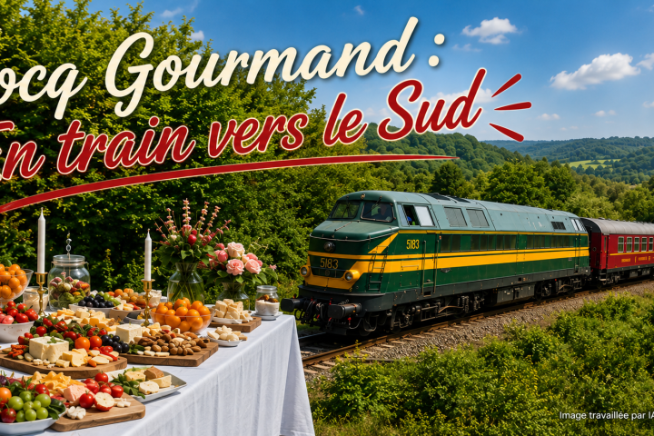 Outdoor buffet with train on tracks and hills in background.