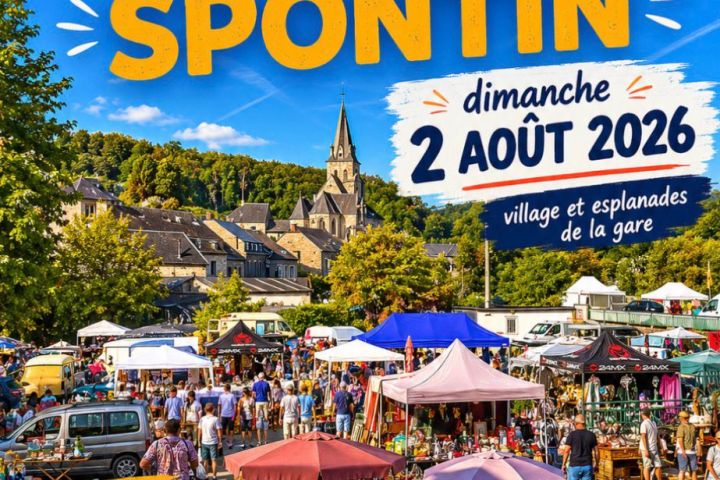 Poster for a fair with colorful market stalls, church, and event details in Spontin, August 2, 2026.