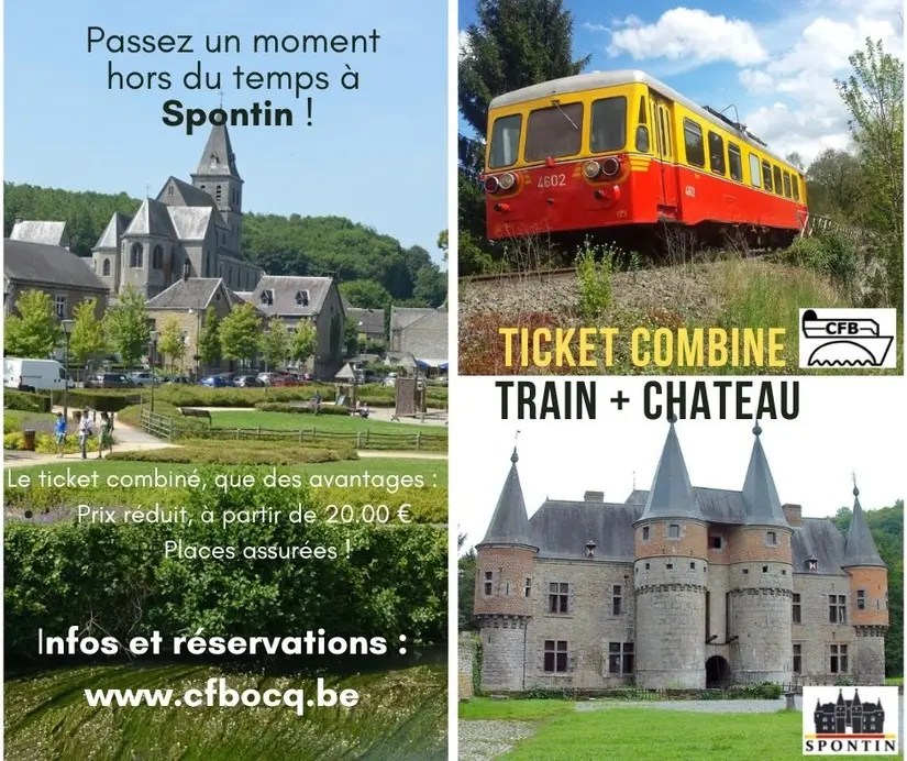 Collage: church, train, and castle with text about a Spontin ticket offer.