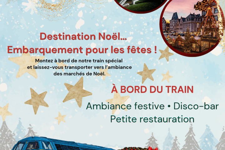 Christmas train poster with festive decor, train image, schedule details, and event dates: 12-13 December 2026.
