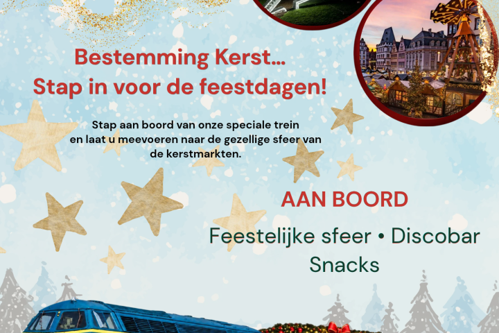 Poster for 'De Kersttrein' festive train event in December 2026 with images and a schedule.